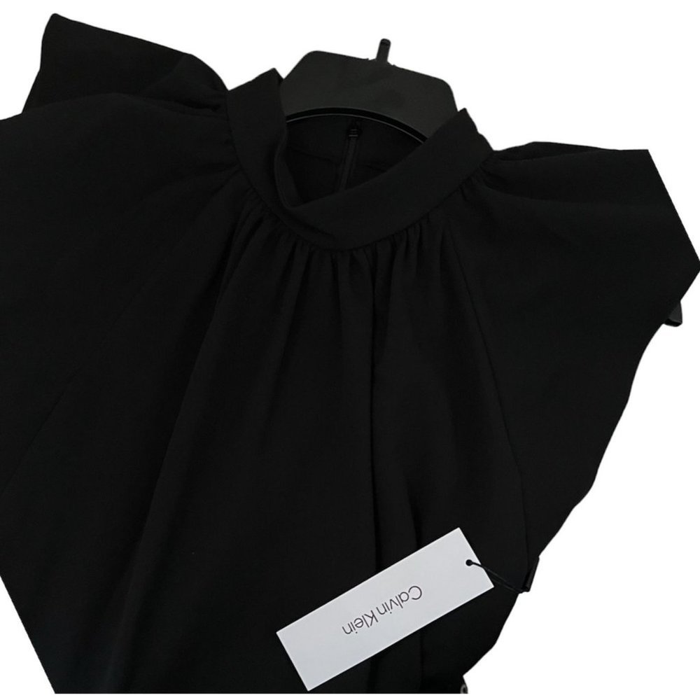 Calvin Klein Womens Black Short Flutter Sleeve Pleat Neck Shift Dress Sz 10 NWT - Picture 4 of 10